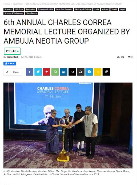 Charles Correa Memorial Lecture Organized by Ambuja Neotia Group - IBG News